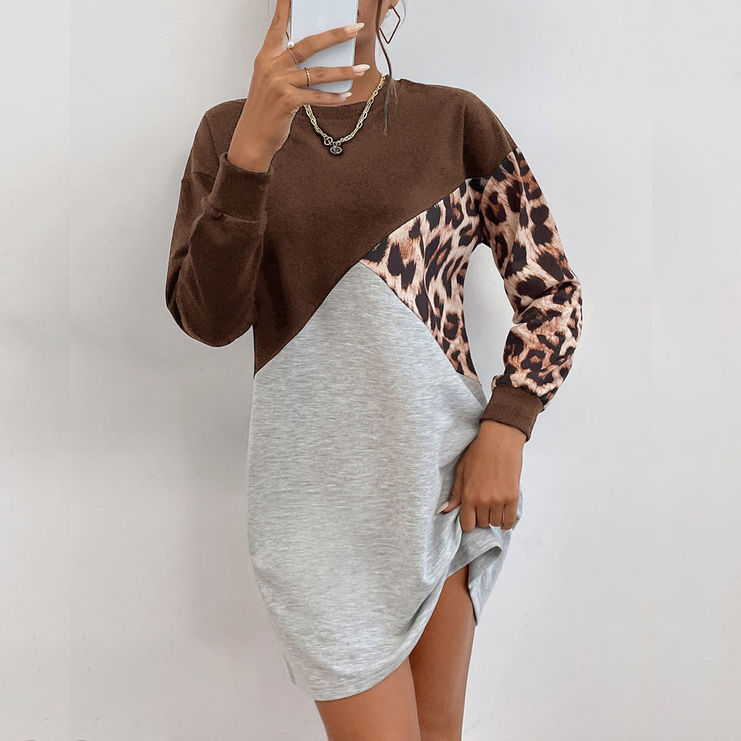 Damen lässiges Sweatshirtkleid mit modischem Tiermuster und asymmetrischem Design EB