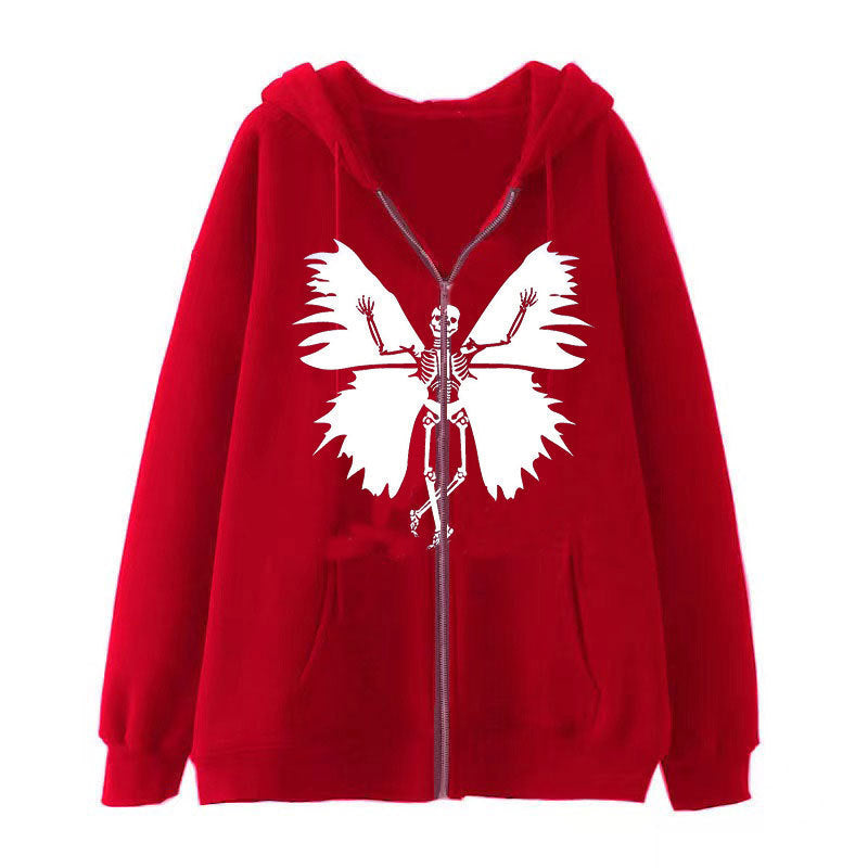 Damen Zip-Hoodie mit einzigartigem Skelett- und Schmetterlingsmotiv EB