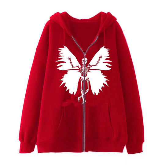 Damen Zip-Hoodie mit einzigartigem Skelett- und Schmetterlingsmotiv EB