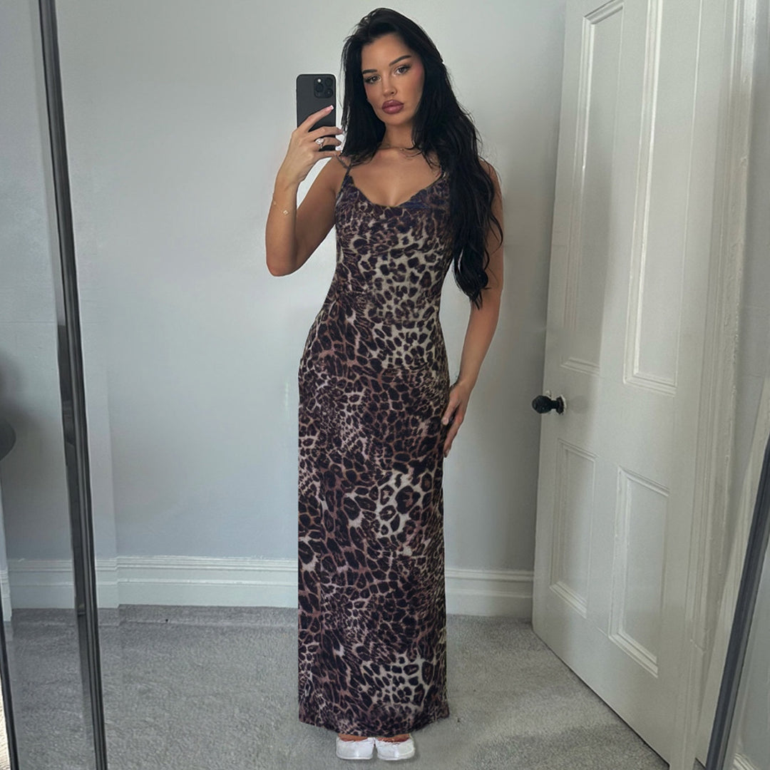 Damen Maxi Kleid mit elegantem Leopardenmuster und schmalen Trägern EB