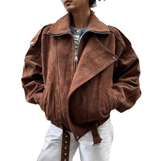Damen modischer Wildleder-Style Oversized-Jacke mit Gürtel EB