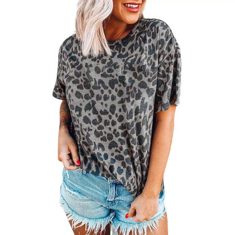 Damen lässiges Leoprint T-Shirt mit weichem Stoff und lockerer Passform EB