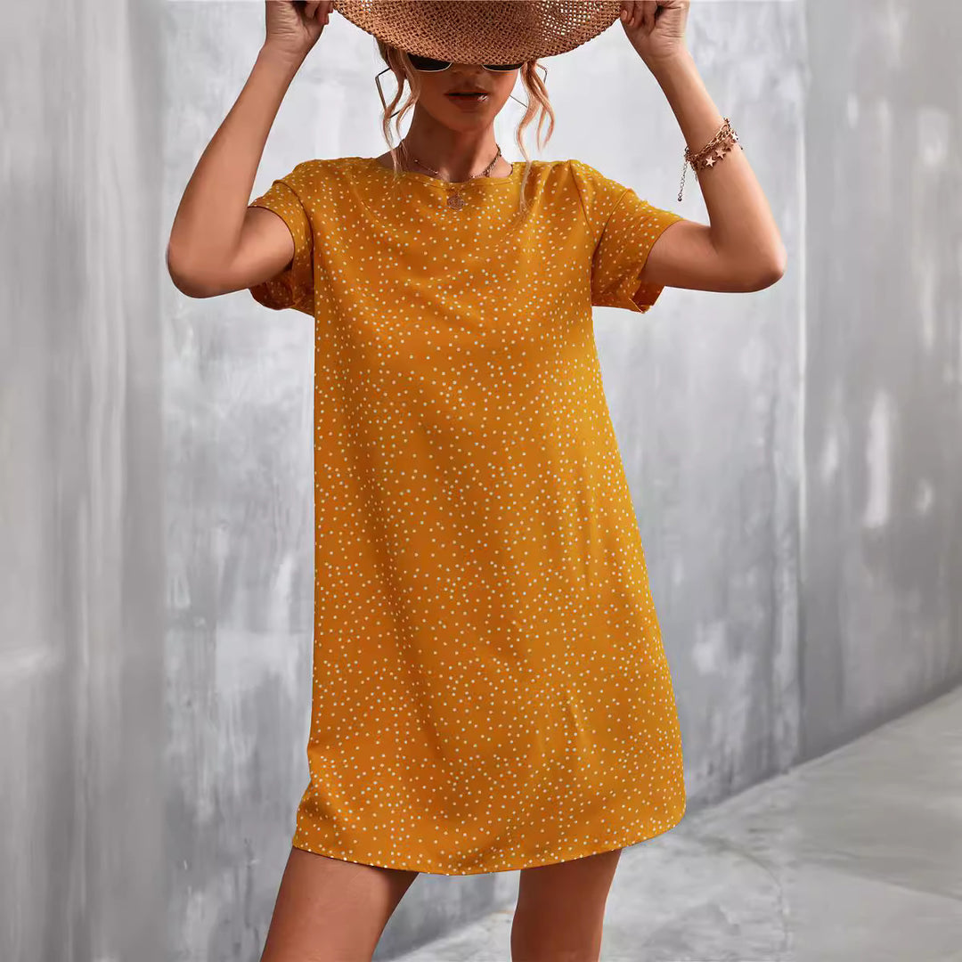 Damen lässiges Polka-Dot Kleid mit kurzem Arm und bequemem Schnitt EB
