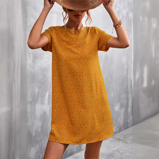 Damen lässiges Polka-Dot Kleid mit kurzem Arm und bequemem Schnitt EB