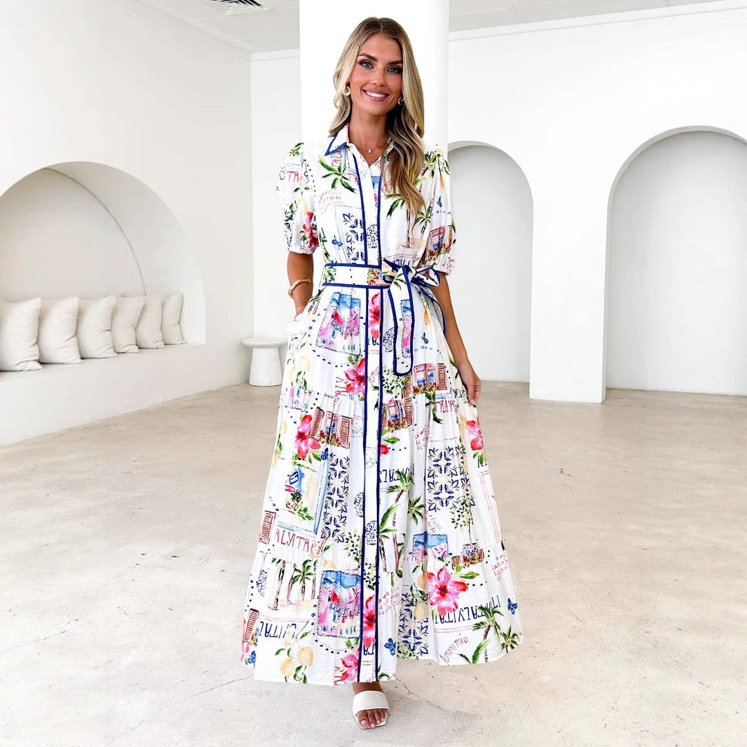 Damen Maxikleid mit buntem floralem Druck und einem eleganten Gürtel EB