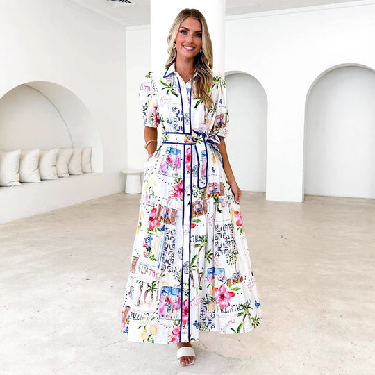 Damen Maxikleid mit buntem floralem Druck und einem eleganten Gürtel EB