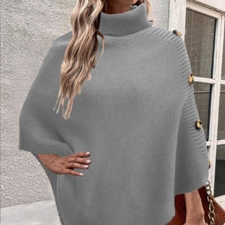 Damen Strick-Poncho mit hohem Kragen und Knopfdetails EB
