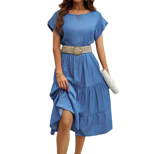 Damen Midikleid mit voluminösem Rock und eleganten Rüschendetails EB