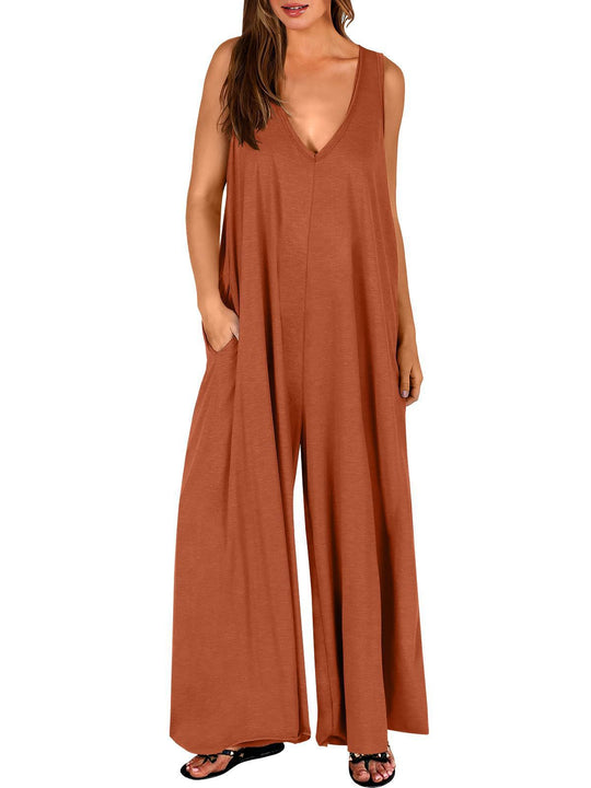Damen weit geschnittene Jumpsuit mit V-Ausschnitt EB