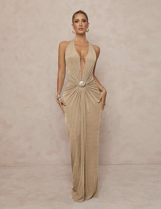 Damen Glamouröses Abendkleid mit tiefem V-Ausschnitt und eleganter Drapierung EB