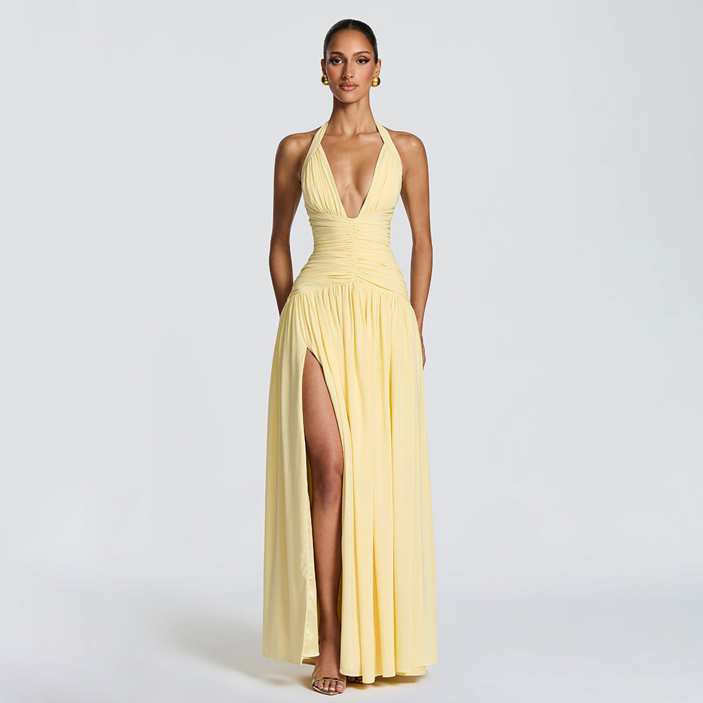 Damen Maxikleid mit tiefem V-Ausschnitt und figurbetonter Raffung EB
