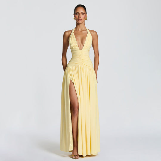 Damen Maxikleid mit tiefem V-Ausschnitt und figurbetonter Raffung EB