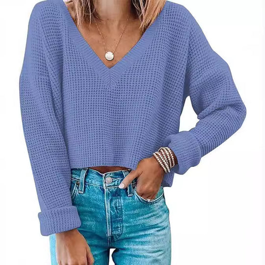 Damen modischer V-Ausschnitt Pullover im Waffelstrick EB