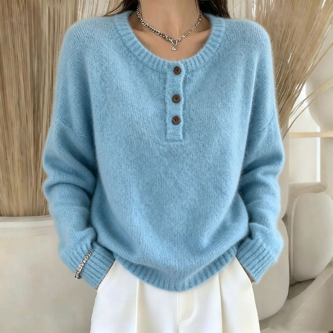 Damen Kuscheliger Rundhals-Henley-Pullover mit Knopfleiste und Raglanärmeln EB