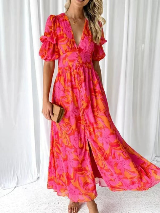 Damen Maxikleid mit Blumenmuster und V-Ausschnitt EB