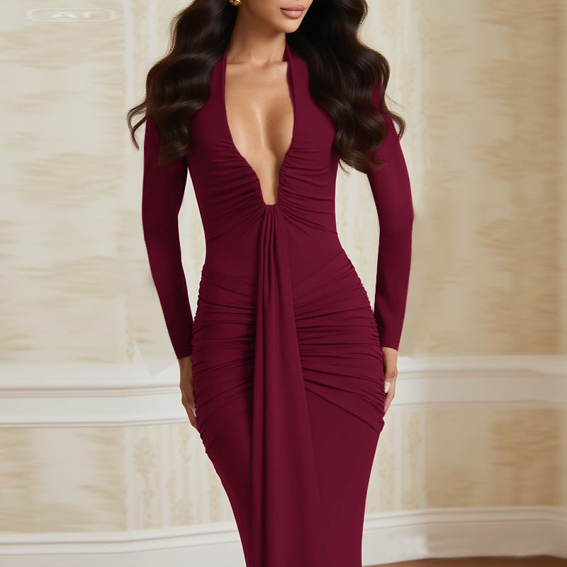 Damen langes Wickelkleid mit raffinierten Drapierungen und elegantem V-Ausschnitt EB