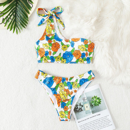 Damen asymmetrischer Bikini mit floralem Design EB