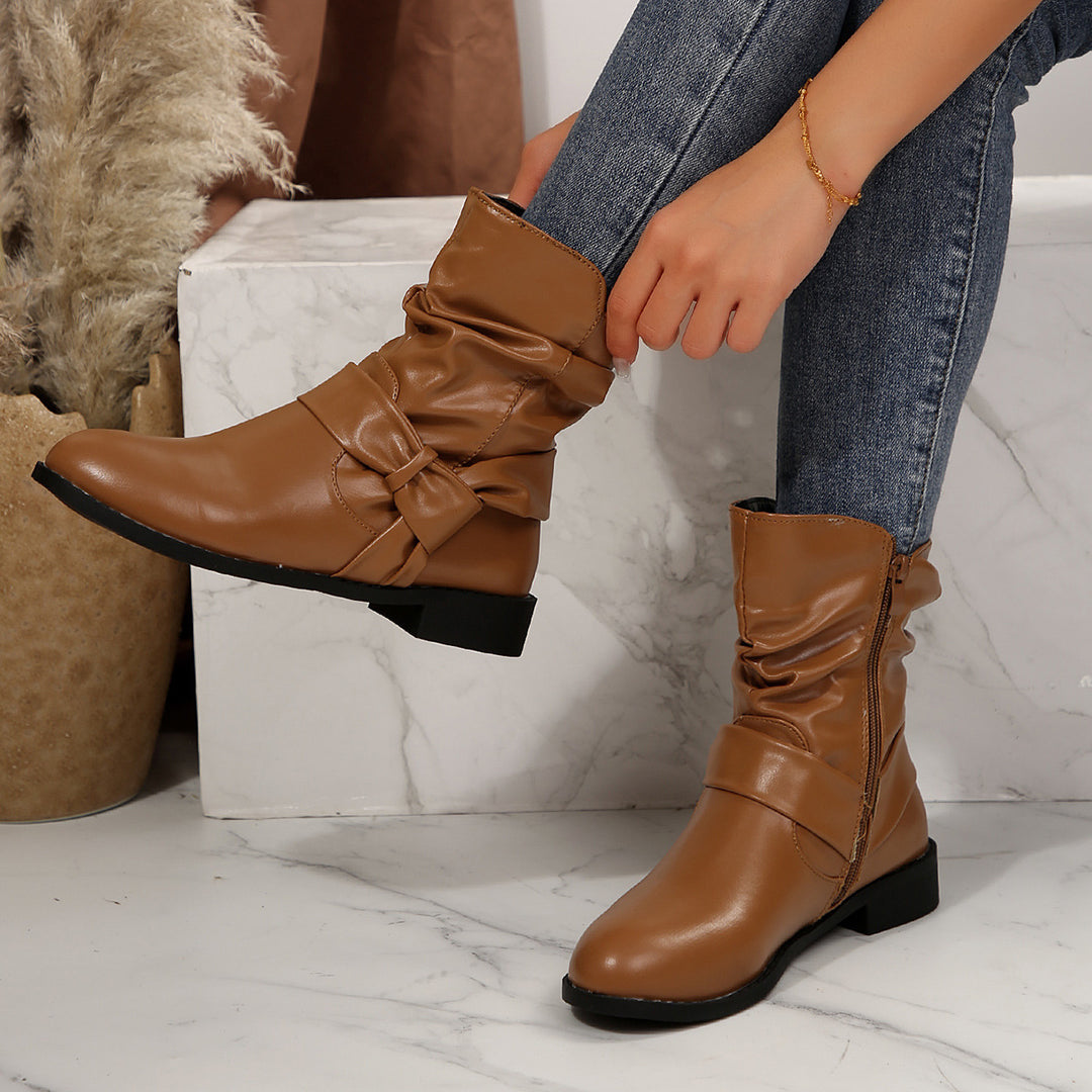 Damen Stiefeletten mit modischem Falten-Design und dekorativem Schleifenverschluss EB