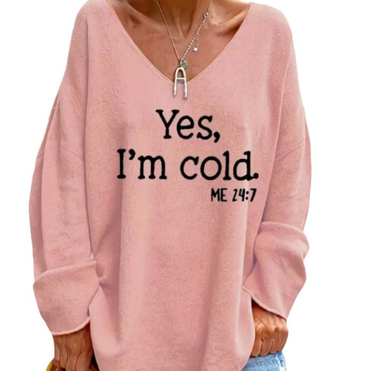 Damen Oversized Pullover mit modernem V-Ausschnitt und aufgedrucktem Statement EB