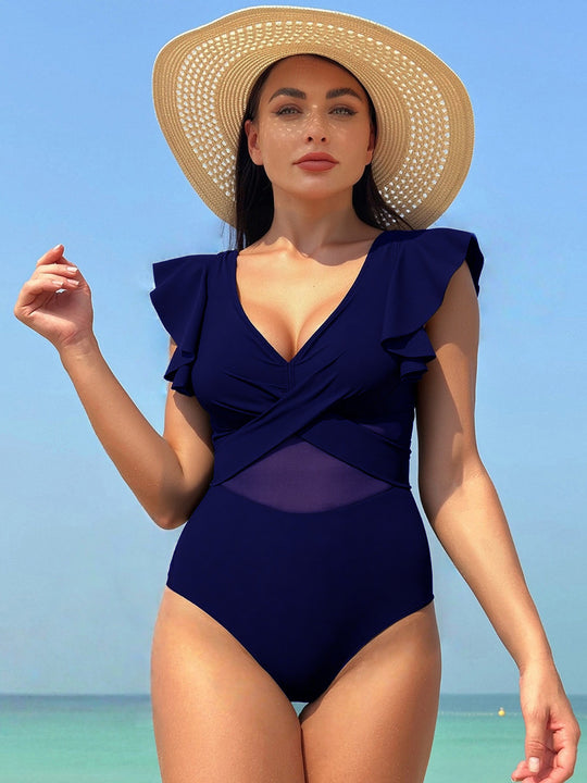 Damen Eleganter Einteiler Badeanzug mit asymmetrischem Rüschendesign EB