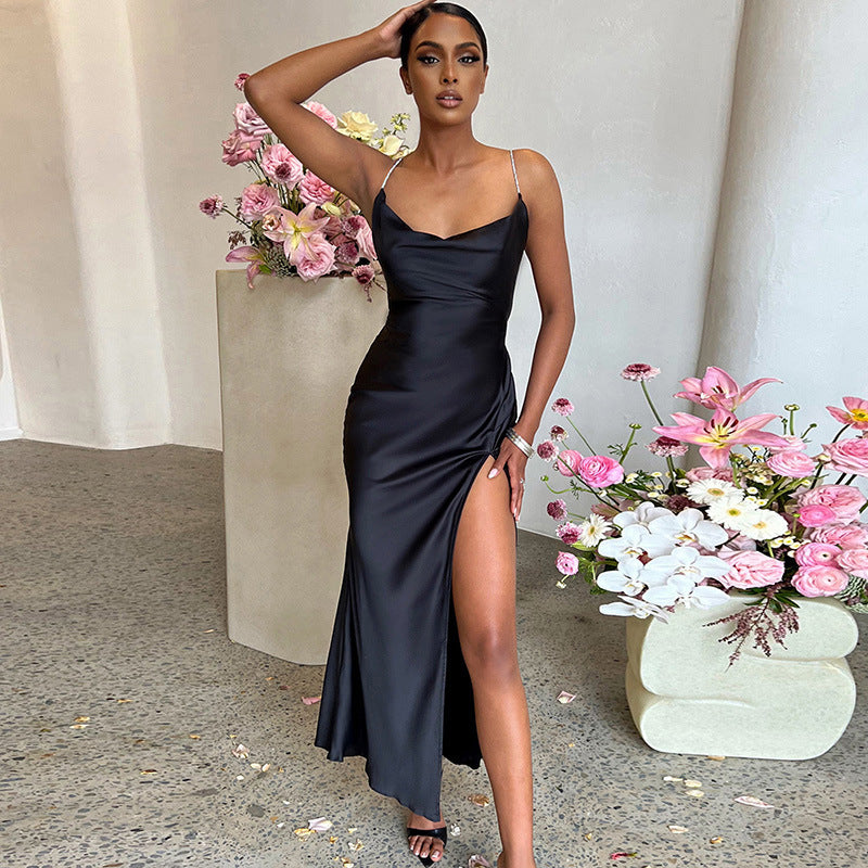 Damen Elegantes Maxikleid mit tiefem seitlichem Schlitz und verstellbaren Spaghettiträgern EB