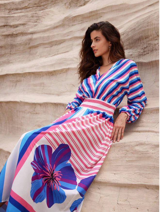 Damen Elegantes Maxikleid mit floralem Design und Streifen EB
