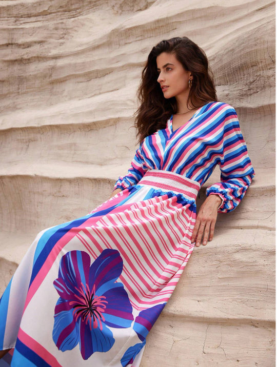 Damen Elegantes Maxikleid mit floralem Design und Streifen EB