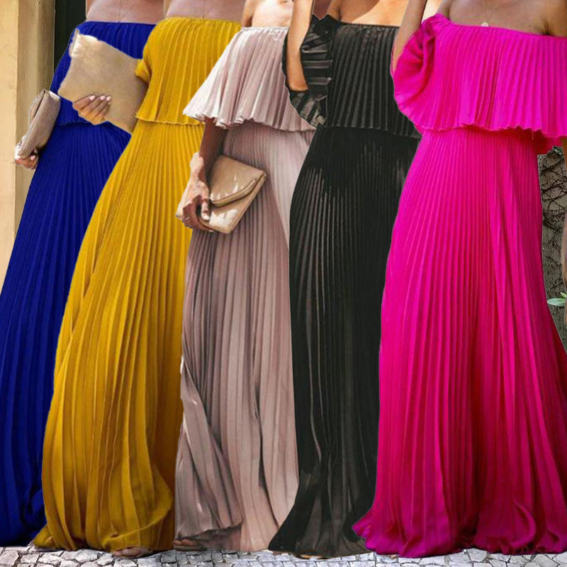 Damen Maxikleid mit asymmetrischem Plisseefall und schulterfreiem Design EB