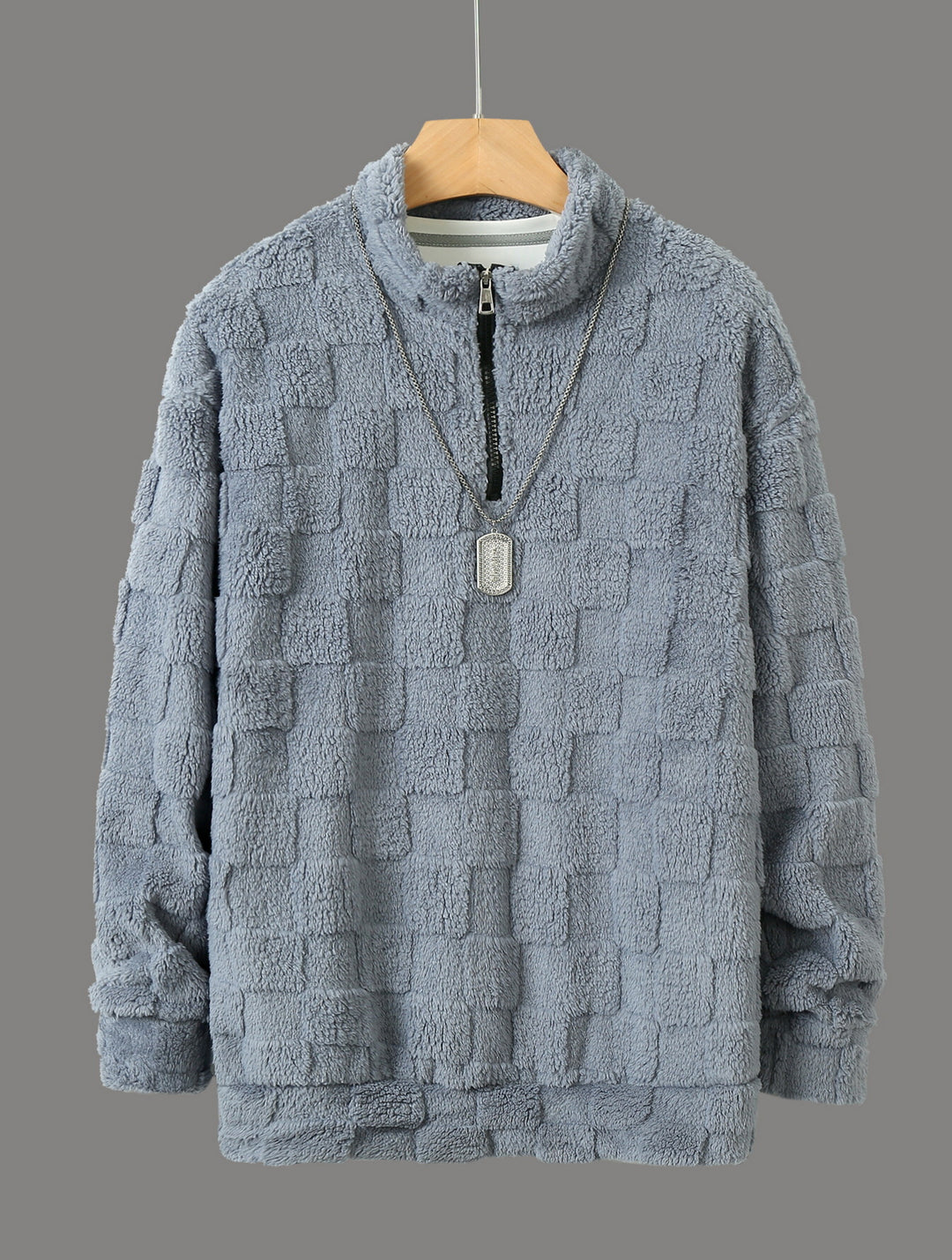 Herren nan karierter Sherpa-Halbzip-Pullover mit hohem Stehkragen und weicher Teddy-Fleece-Qualität EB