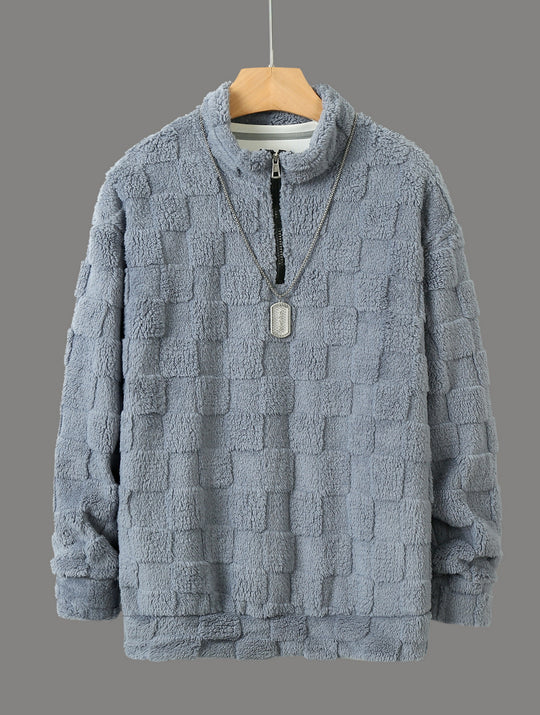 Herren nan karierter Sherpa-Halbzip-Pullover mit hohem Stehkragen und weicher Teddy-Fleece-Qualität EB