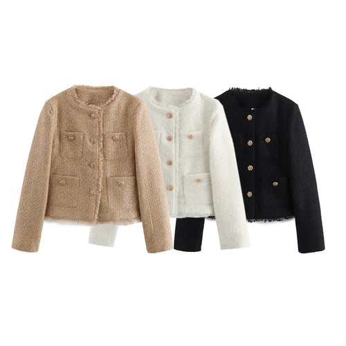 Damen elegante Tweedjacke mit Fransen und praktischen Taschen EB