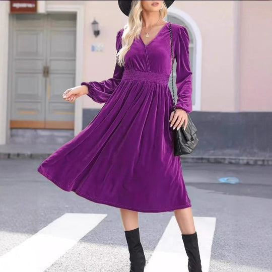 Damen Midikleid aus Samt mit V-Ausschnitt, geraffter Smock-Taille und langen Ballonärmeln EB