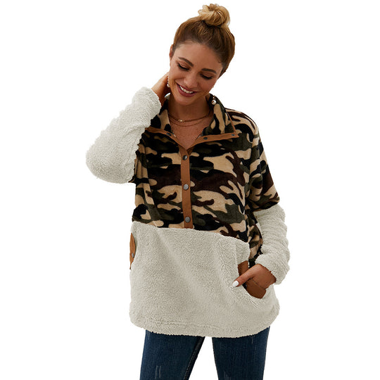 Damen warme Fleecejacke im Camouflage-Design mit hohem Kragen EB