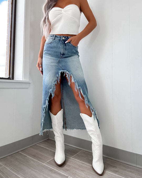 Damen Midilange Jeansrock mit teils fransigem Saum und hohem Schlitz EB