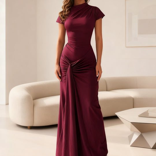 Damen Elegantes Langarm Maxi-Kleid mit Drapierung und figurformendem Schnitt EB
