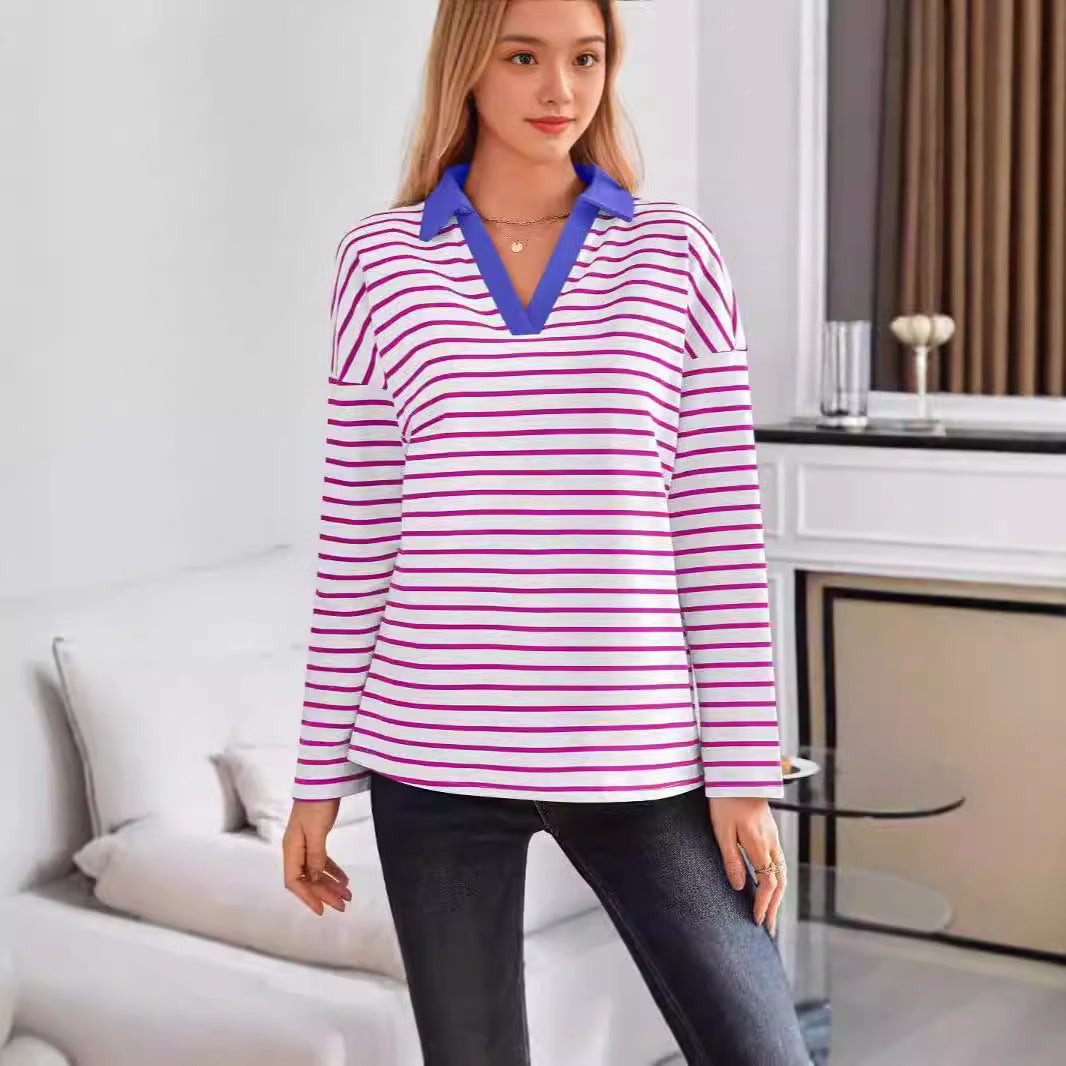 Damen gestreiftes Polo-Shirt mit V-Ausschnitt und kontrastierendem Kragen EB