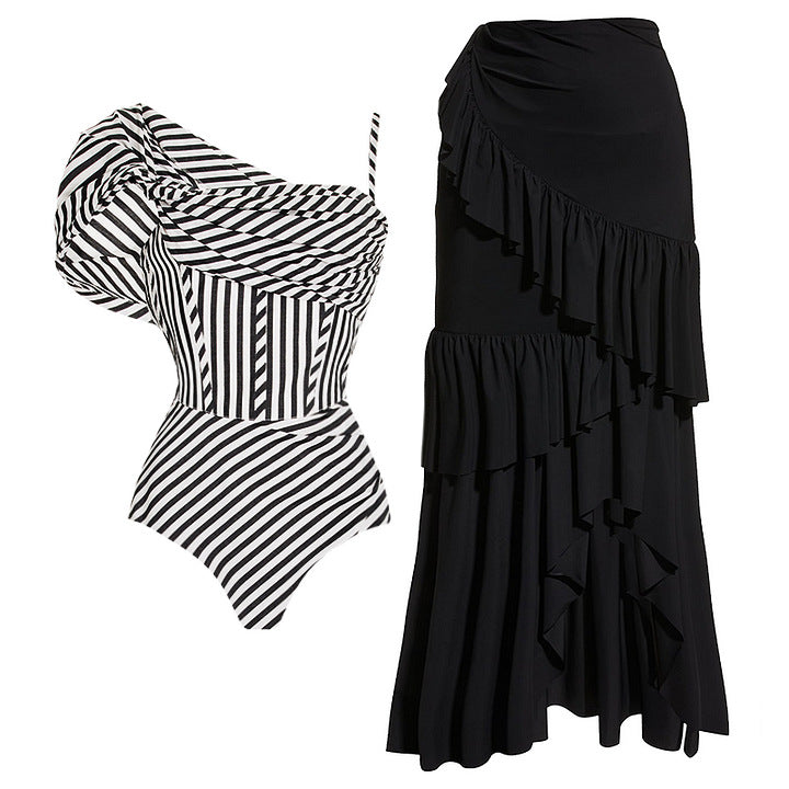Damen One-Shoulder Badeanzug mit Volantrock EB