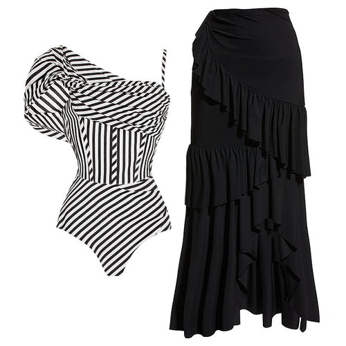 Damen One-Shoulder Badeanzug mit Volantrock EB