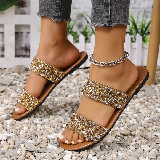 Damen modische Slide-Sandalen mit funkelnden Strassdetails EB