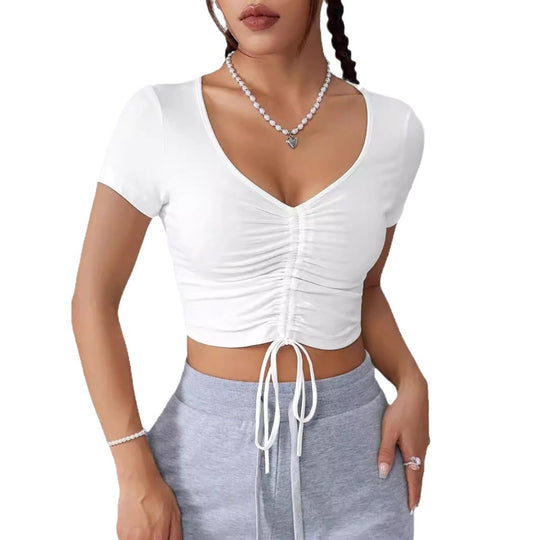 Damen Cropped Top mit raffinierten Rüschendetails und Kordelzug EB