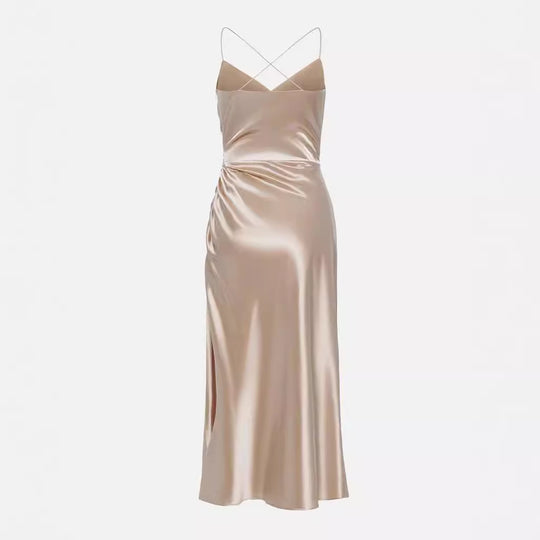 Damen Luxuriöses Satin-Cocktailkleid mit Drapierung und seitlichem Schlitz EB