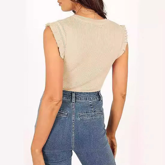 Damen figurbetontes Ripp-Shirt mit Rüschen EB
