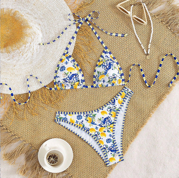 Damen Triangel-Bikini mit floralem Design und Bindedetails EB