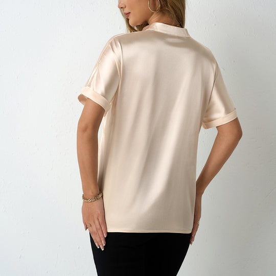 Damen elegante Satinbluse mit klassischem Kragen und umgeschlagenen Ärmeln EB