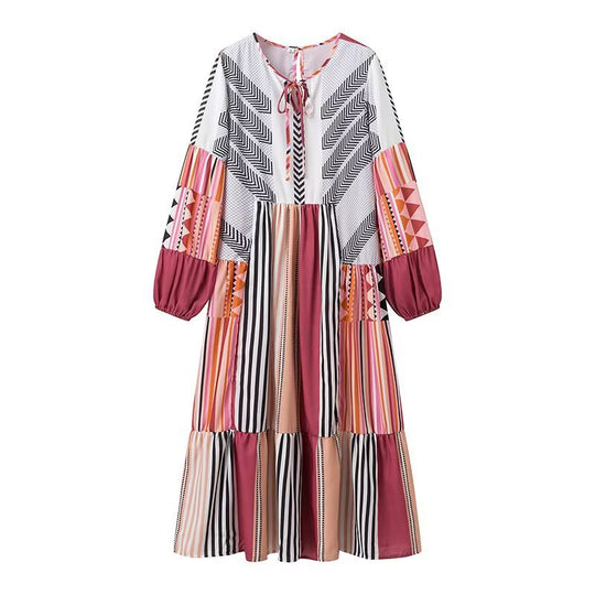 Damen Maxikleid mit buntem grafischem Muster und voluminösen Ärmeln EB