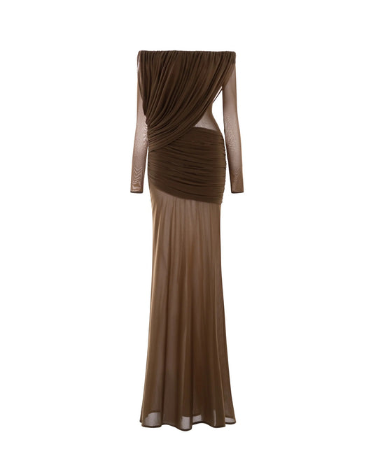 Damen Langarm Maxikleid mit Drapier-Design und schulterfreiem Ausschnitt EB