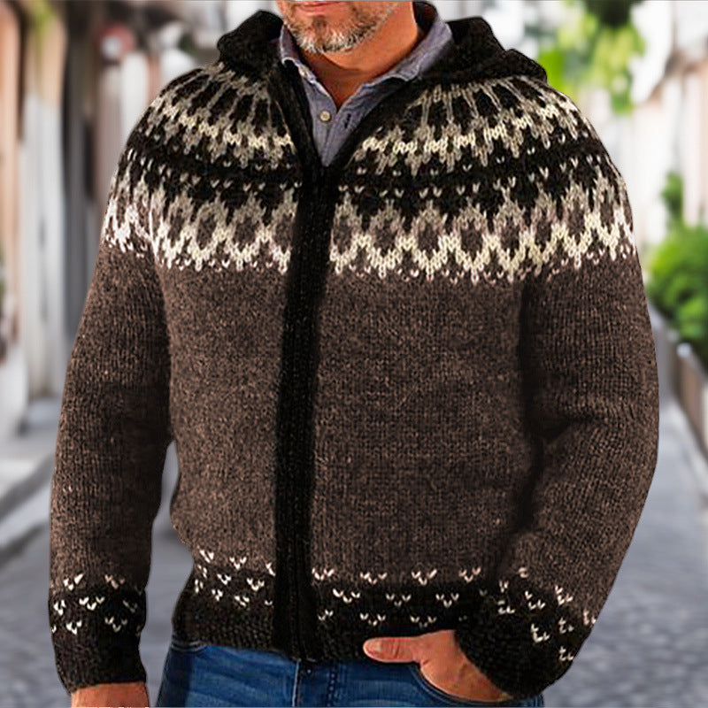 Herren Strickjacke mit traditionellem Norweger-Muster und Kapuze EB