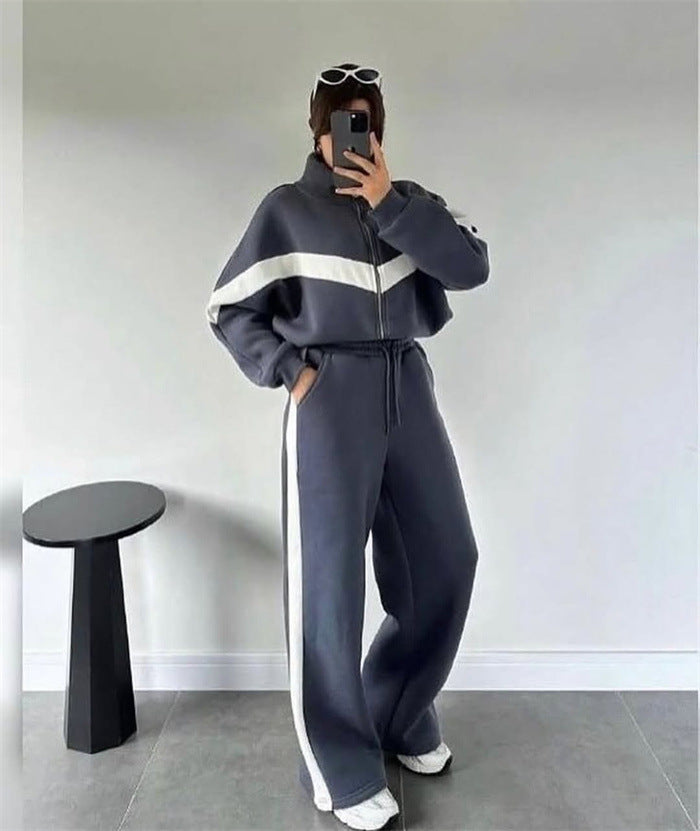 Damen nan zweiteiliges Lounge-Set mit Zip-Hoodie und weitem Highwaist-Hose mit Seitenstreifen EB