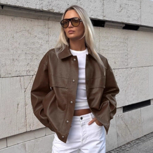 Damen Modische Kunstlederjacke im lässigen Oversized-Schnitt EB