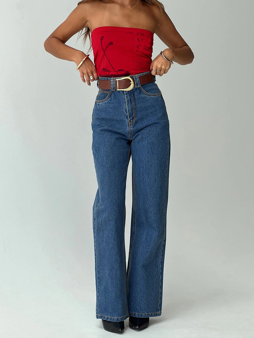 Damen High-Waist Jeans mit weitem Bein und eleganter Bundgestaltung EB